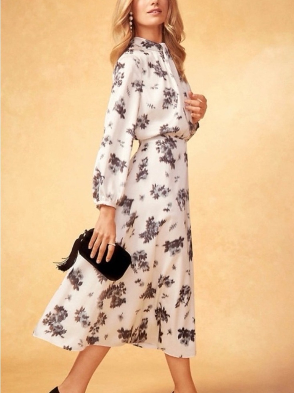 Ann Taylor Cream Midi Dress with Black Floral Print